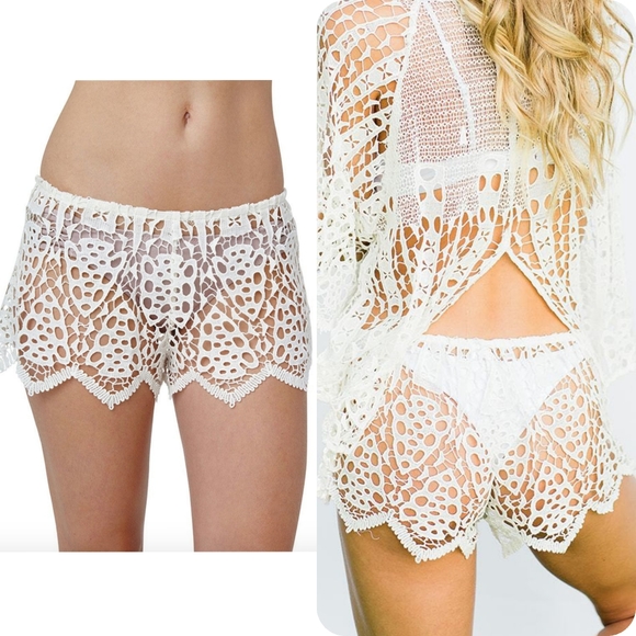 Eberjey Spearhead Sam Shorts Cover-up Crochet White S/M - Picture 4 of 13
